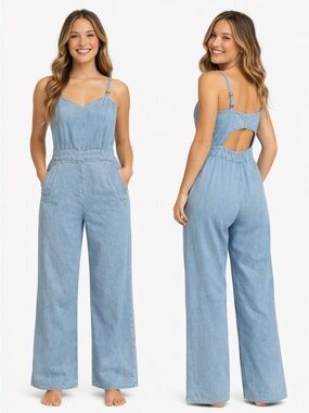 MOTHER Light Wash Denim Jumpsuit with Cutout Back